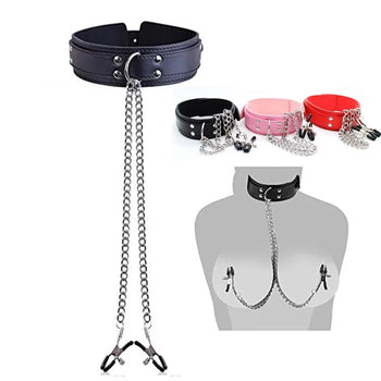 BDSM Leather Choker Collar With Nipple Breast Clamp Clip Chain Couple