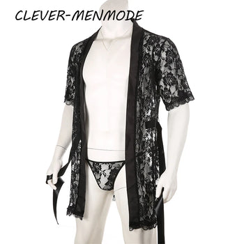 Men's Sexy Short Ssee-Through Porno Lace Bathrobe Transparent Sex